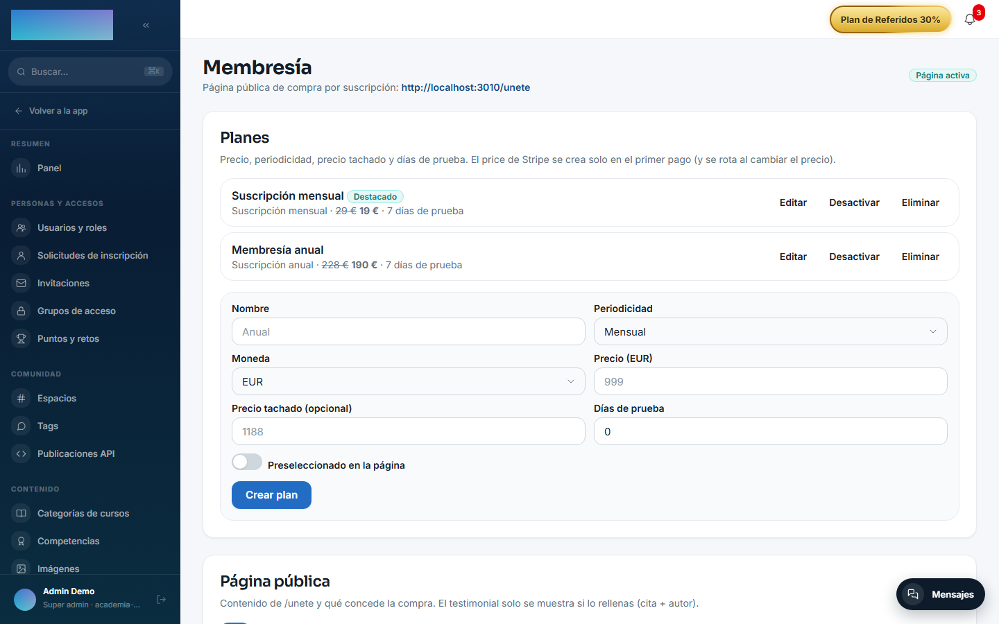 Administración de la membresía: planes y configuración de la página pública