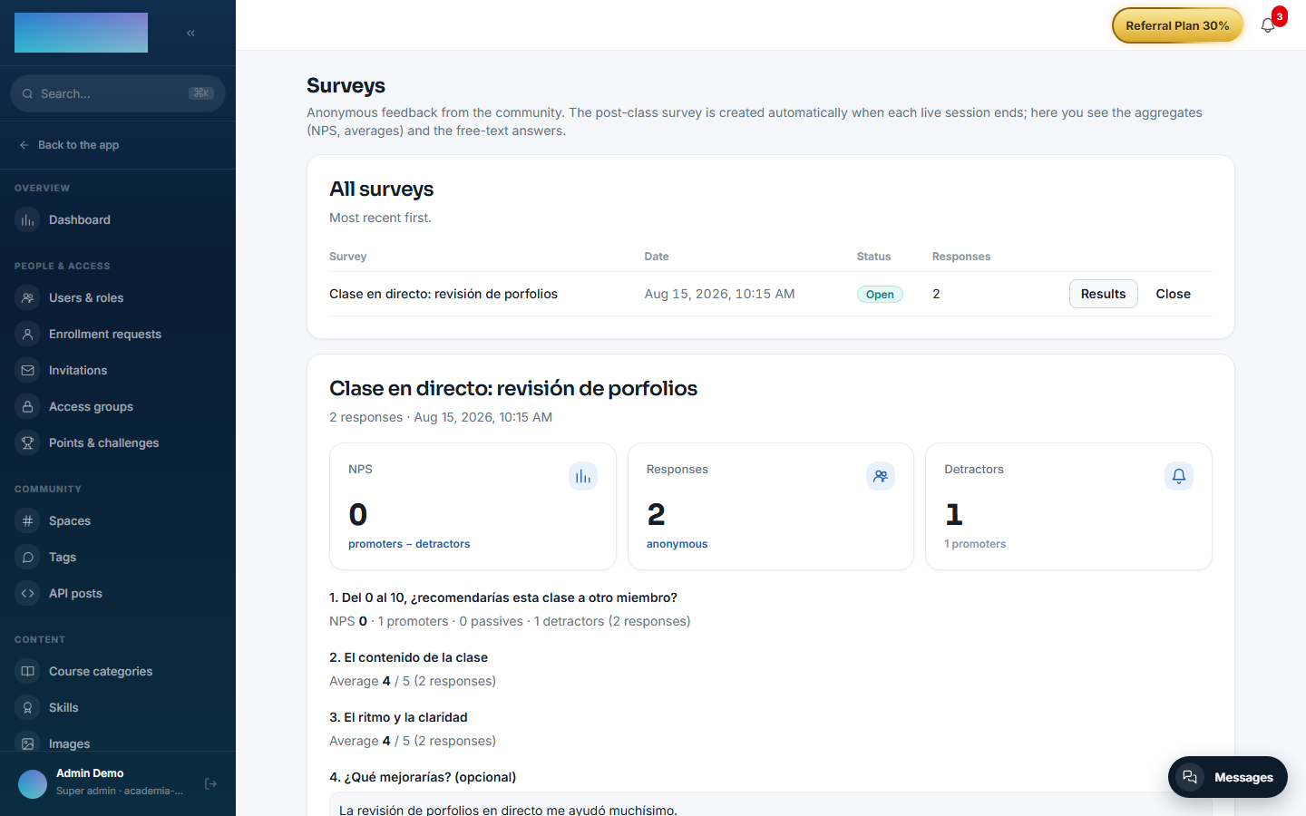 Aggregate results: NPS, averages and anonymous free-text answers