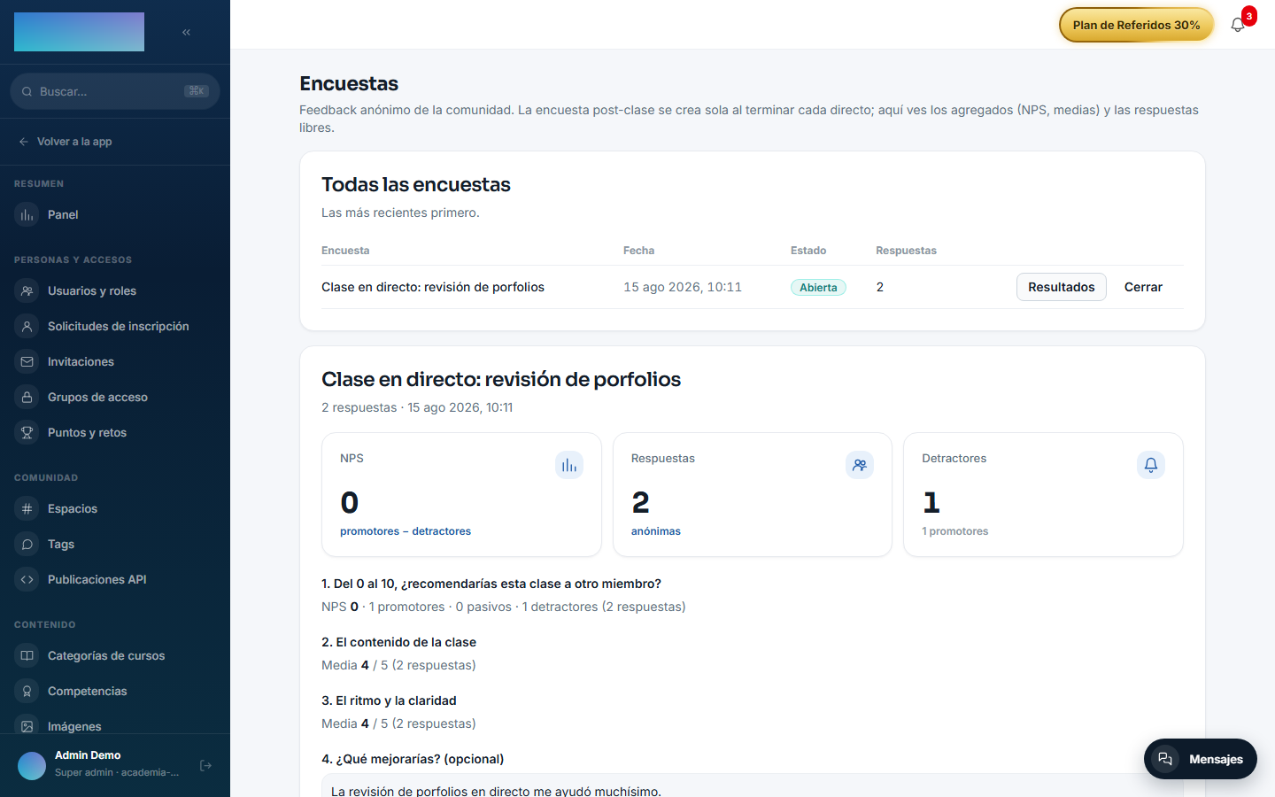 Resultados agregados: NPS, medias y respuestas de texto anónimas