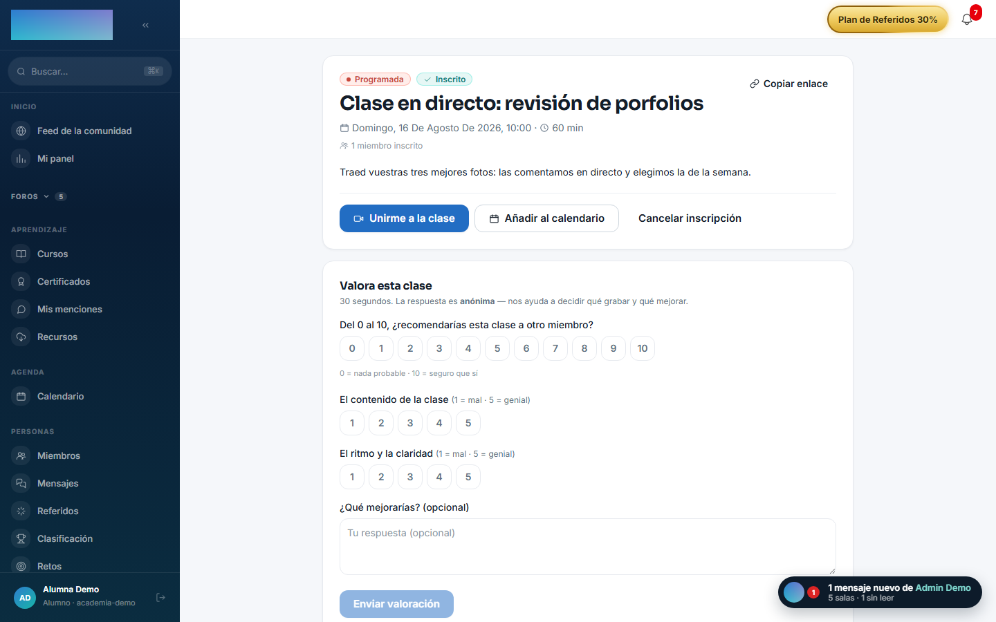La encuesta post-clase que ve el alumno al final de la página de la clase