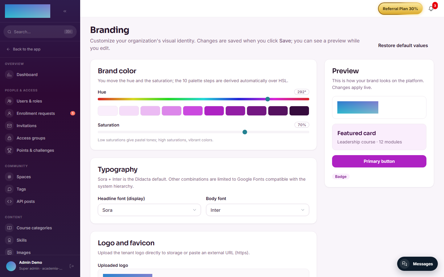 The Branding panel with the brand color and the live preview