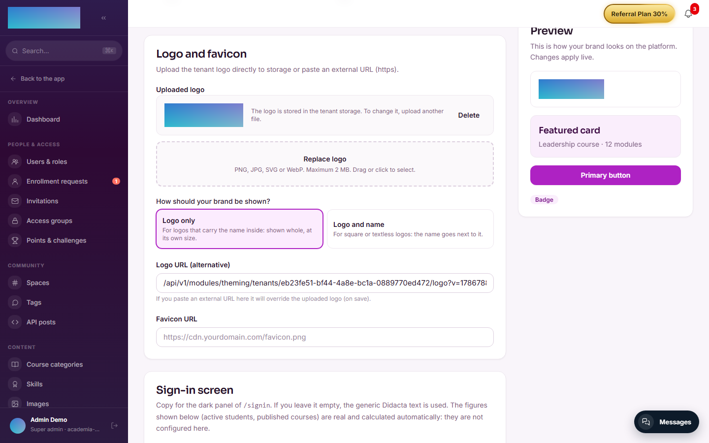 The logo block of the Branding panel with the brand display mode selector