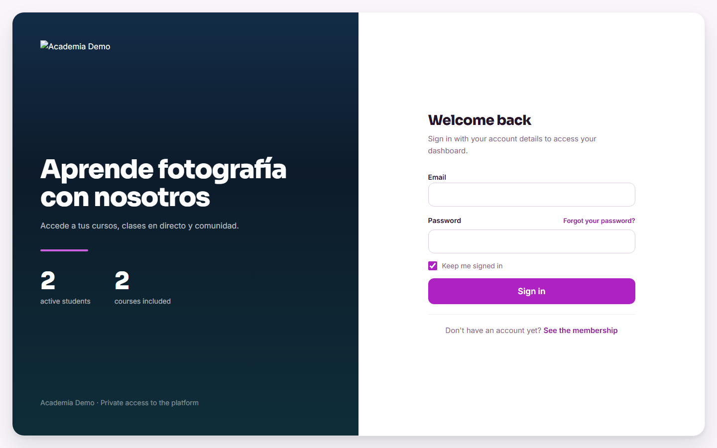 The sign-in screen with the tenant's logo, color and headline