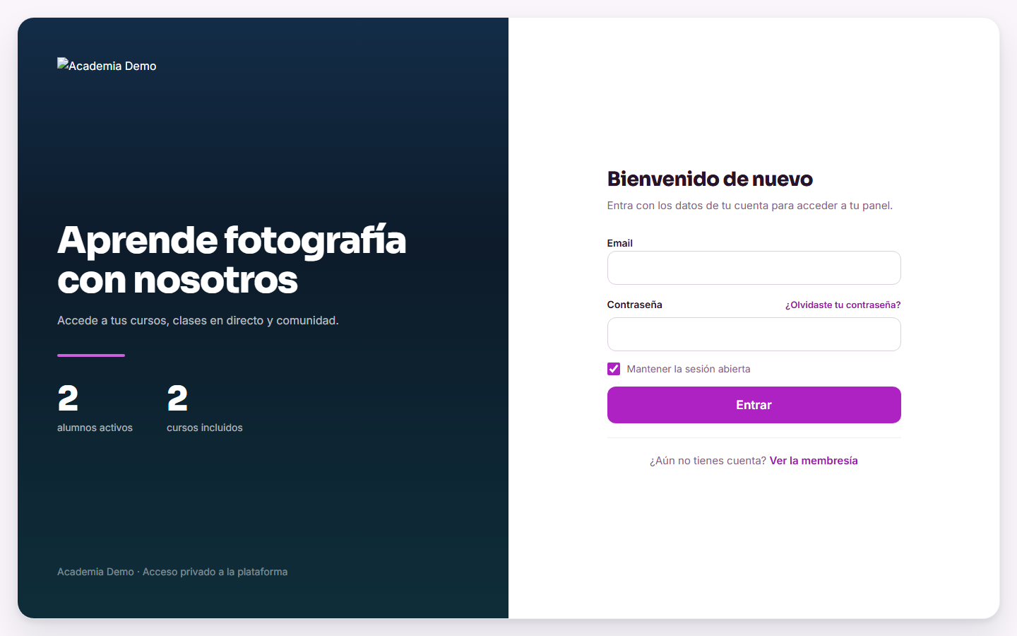 Pantalla de acceso con el logo, el color y el titular del tenant