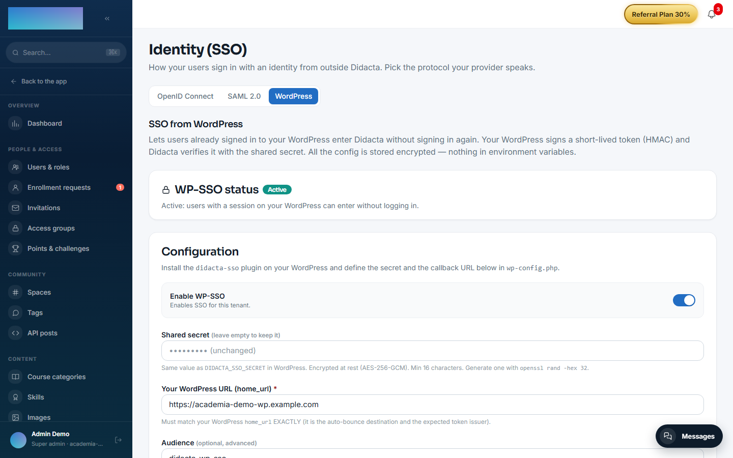 WordPress tab of Identity (SSO): status, secret, home_url and callback URL