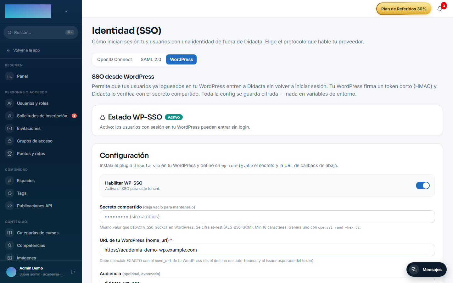 Pestaña WordPress de Identidad (SSO): estado, secreto, home_url y URL de callback