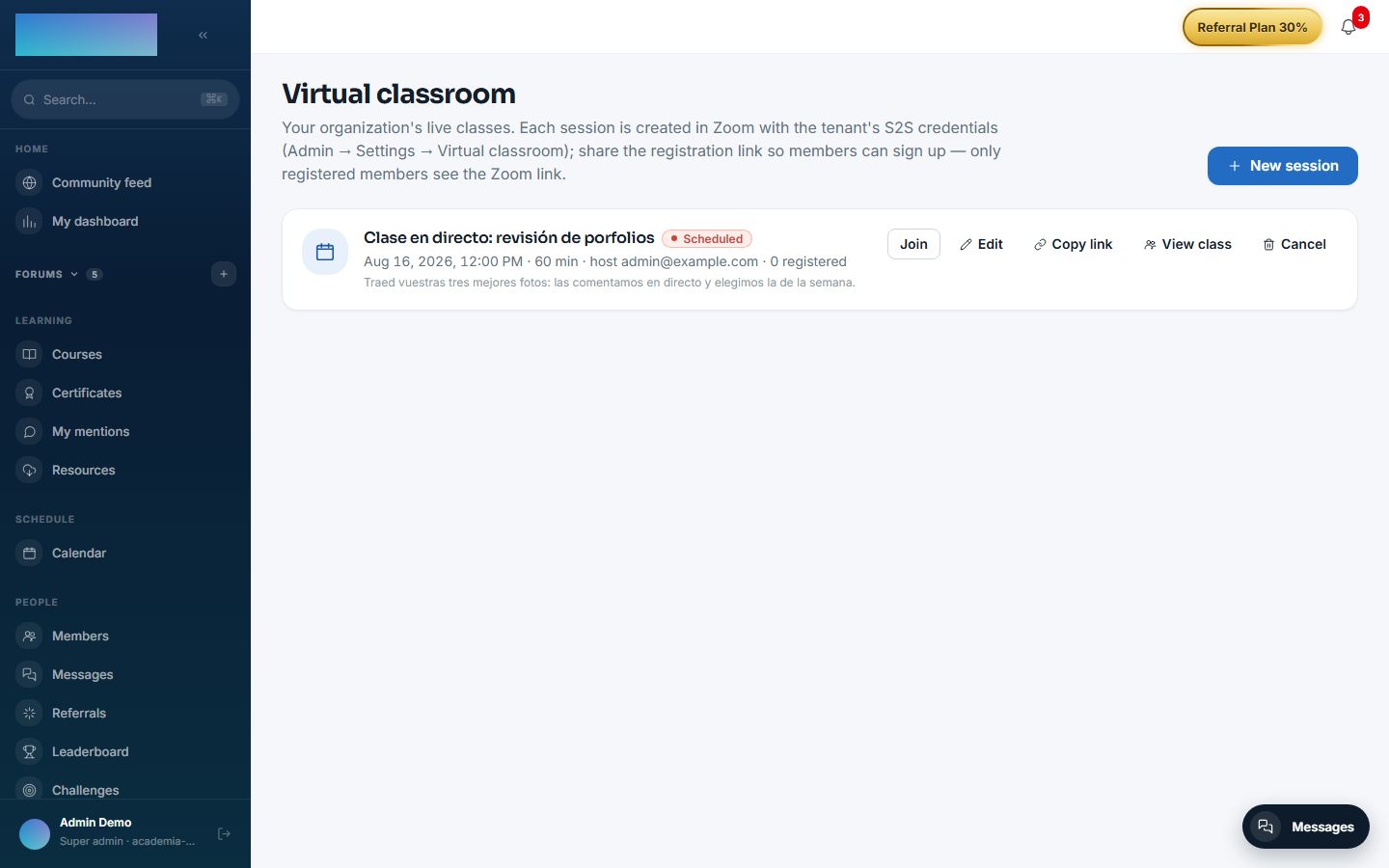 The instructor's virtual classroom list with a scheduled class