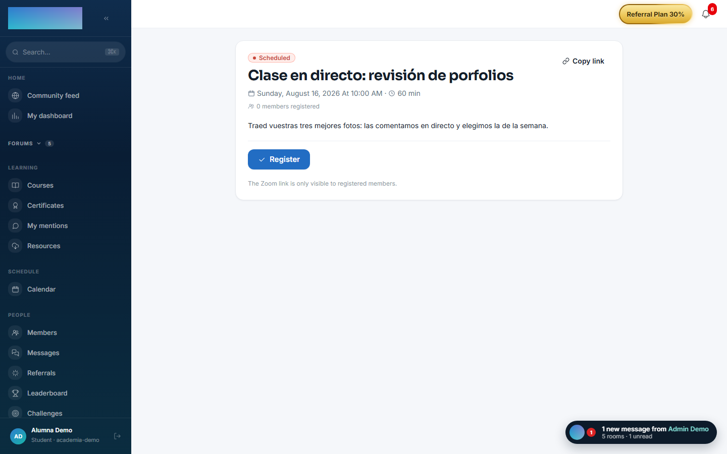 The class page with the registration button and the session status