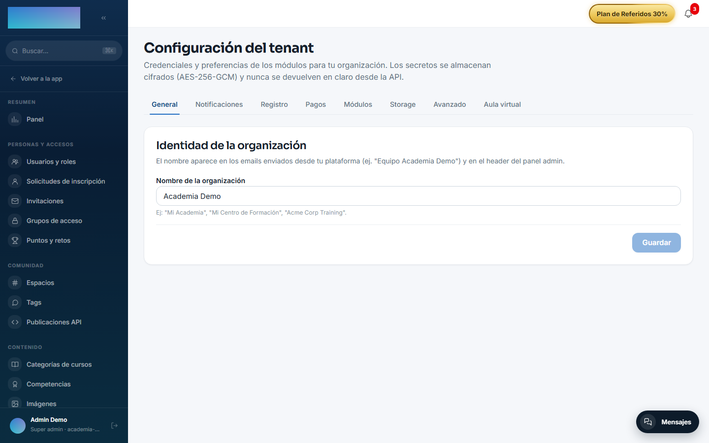 Pestaña «Aula virtual» de Configuración con el formulario de credenciales Zoom Server-to-Server
