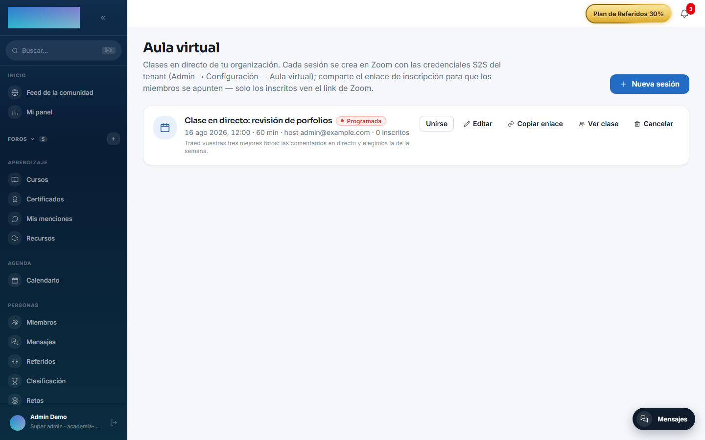 Lista de sesiones del aula virtual del formador con una clase programada