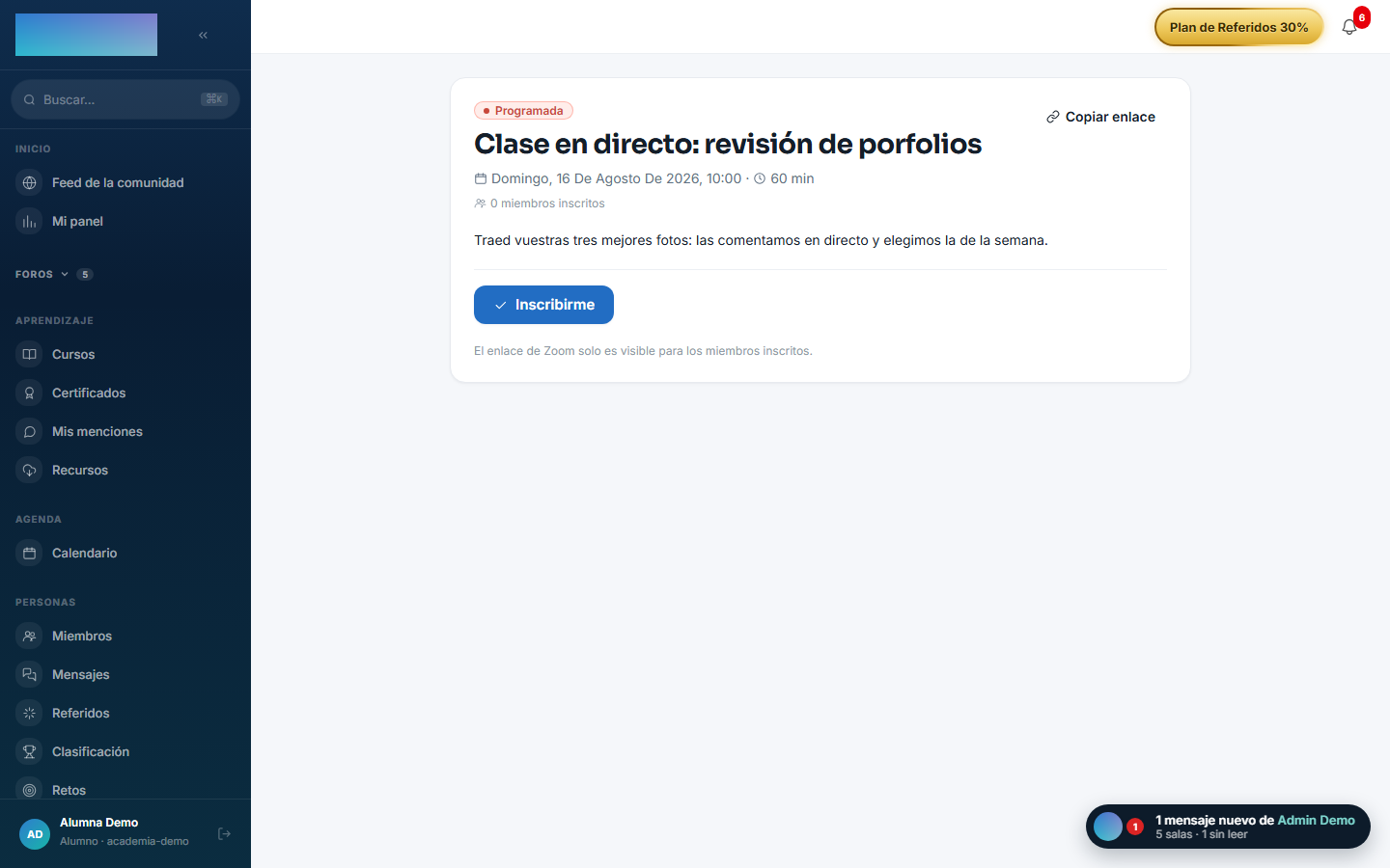 Página de la clase con el botón de inscripción y el estado de la sesión