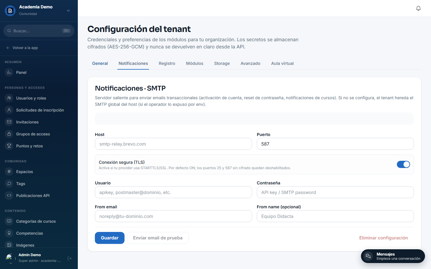 Tab Notificaciones vacío, sin SMTP configurado