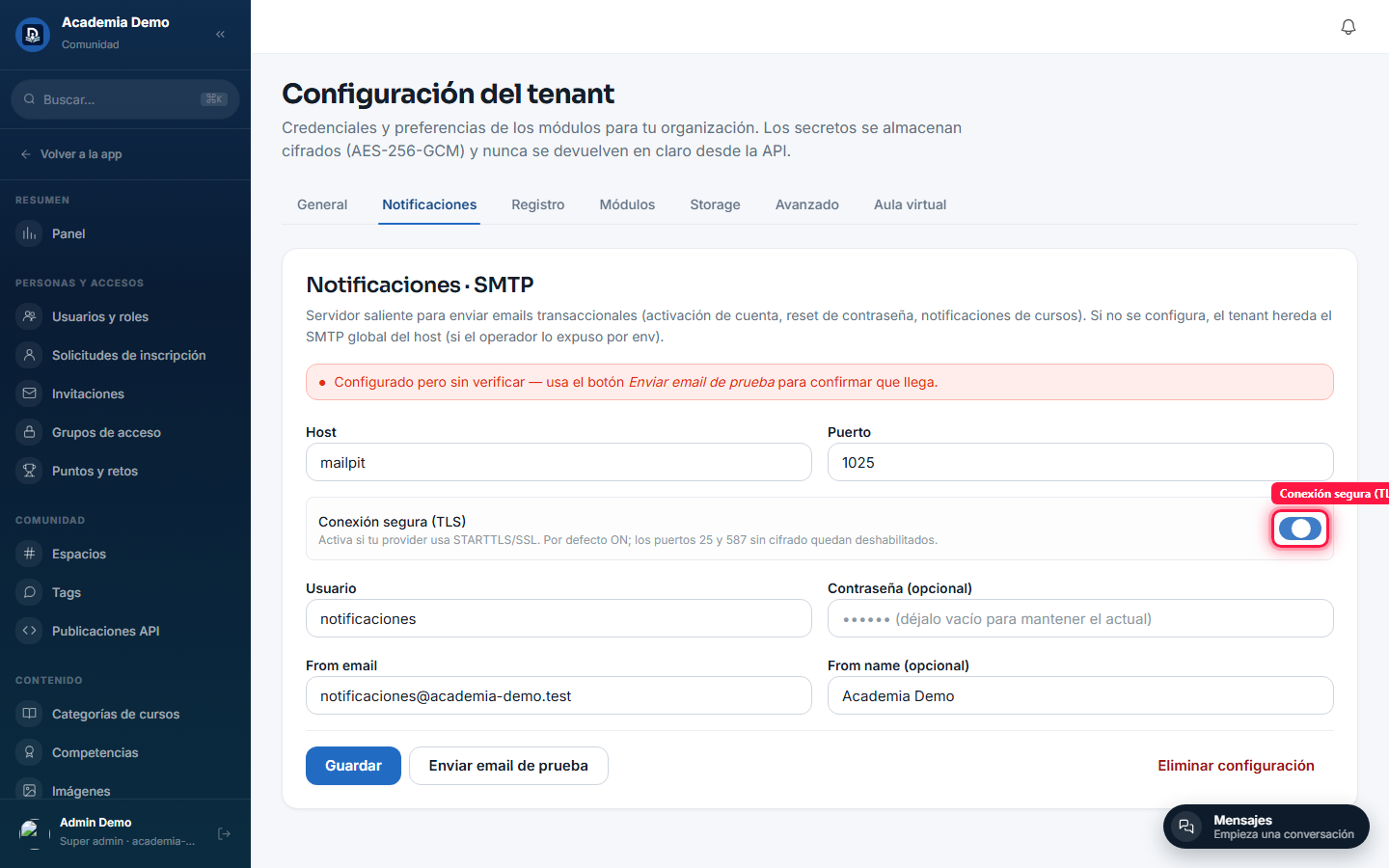 Formulario SMTP relleno, TLS desactivado para un servidor sin cifrar