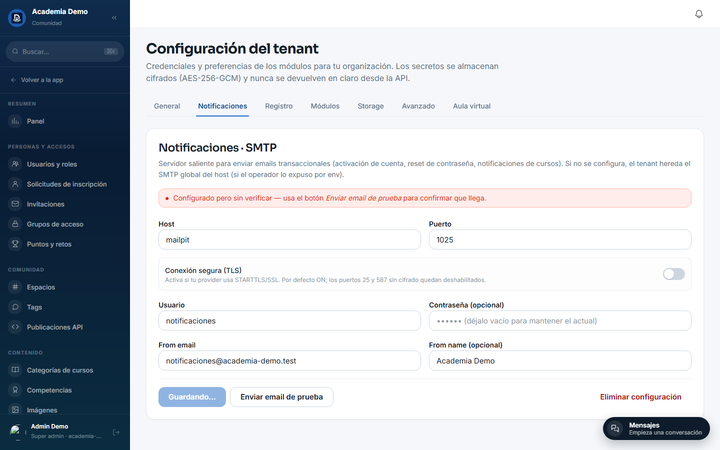 Banner "configurado pero sin verificar" tras guardar