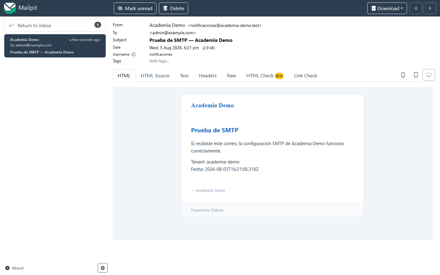 El email de prueba, real, en la bandeja de Mailpit