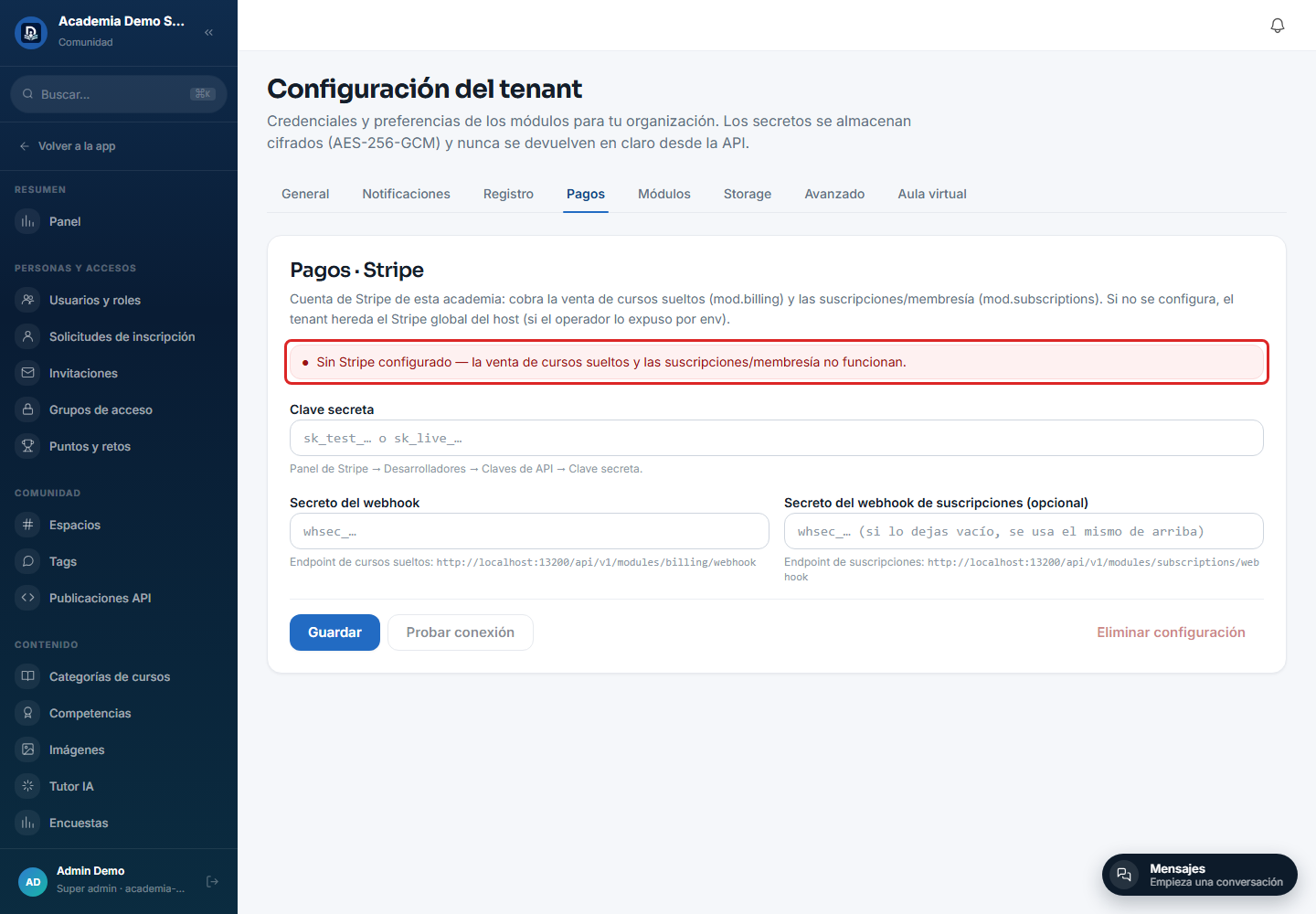 Tab Pagos vacío, sin Stripe configurado