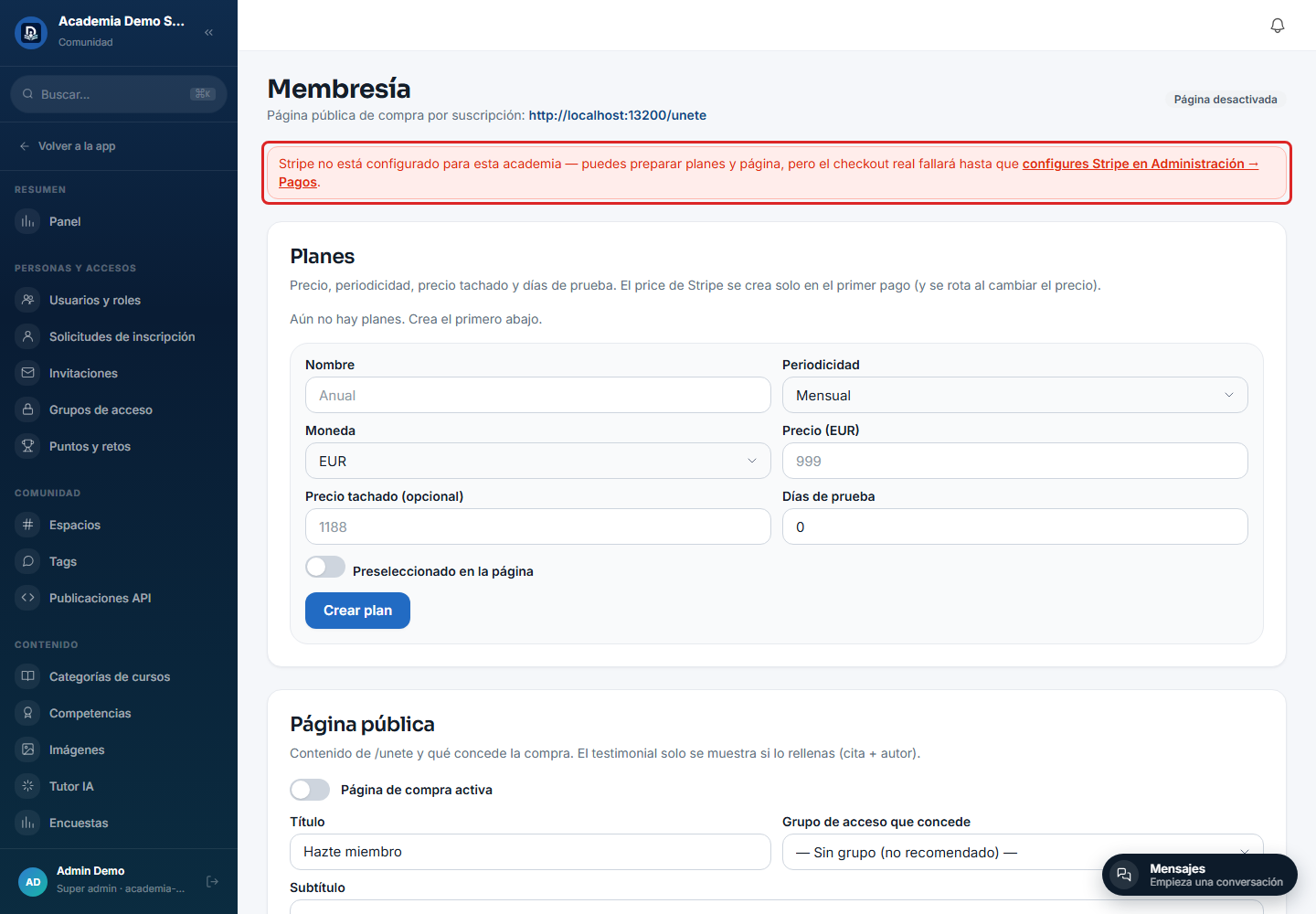 Aviso de Stripe sin configurar en /admin/membresia
