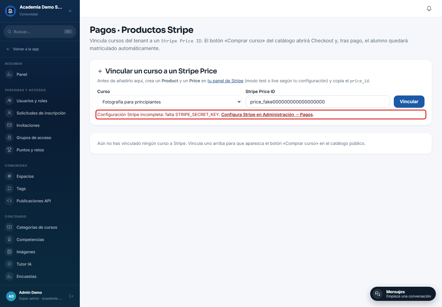 Error con enlace a Administración → Pagos al vincular un curso sin Stripe configurado