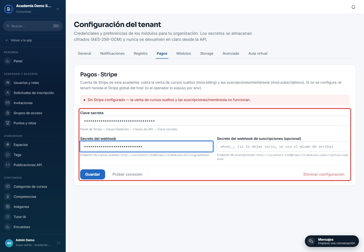 Formulario de Pagos con credenciales de prueba, antes de guardar