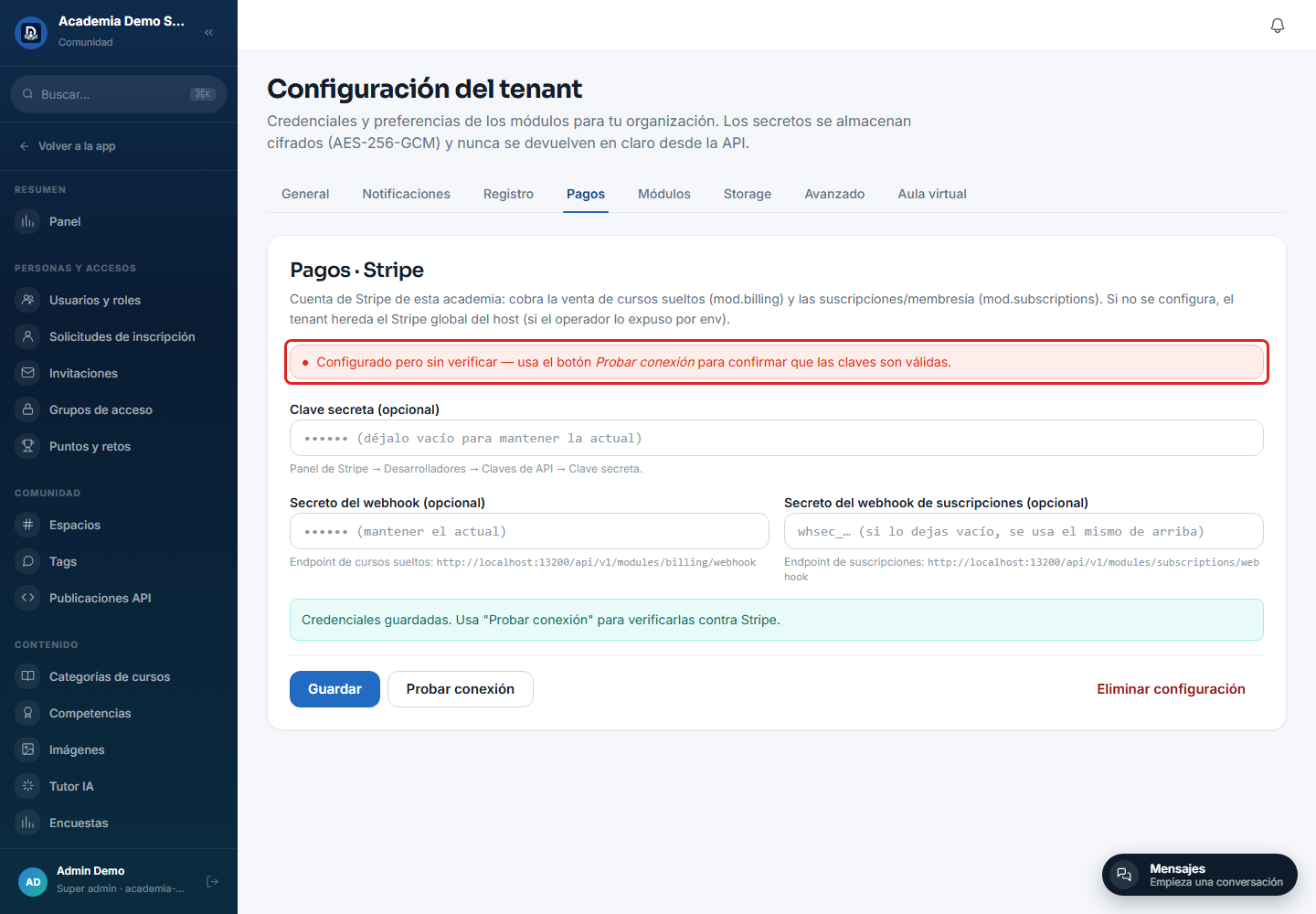 Banner "configurado pero sin verificar" tras guardar