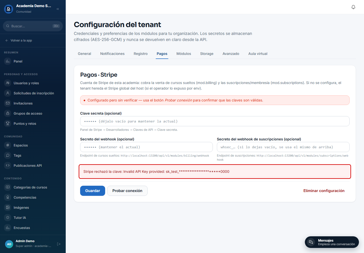 Stripe rechaza una clave inventada con su propio mensaje de error