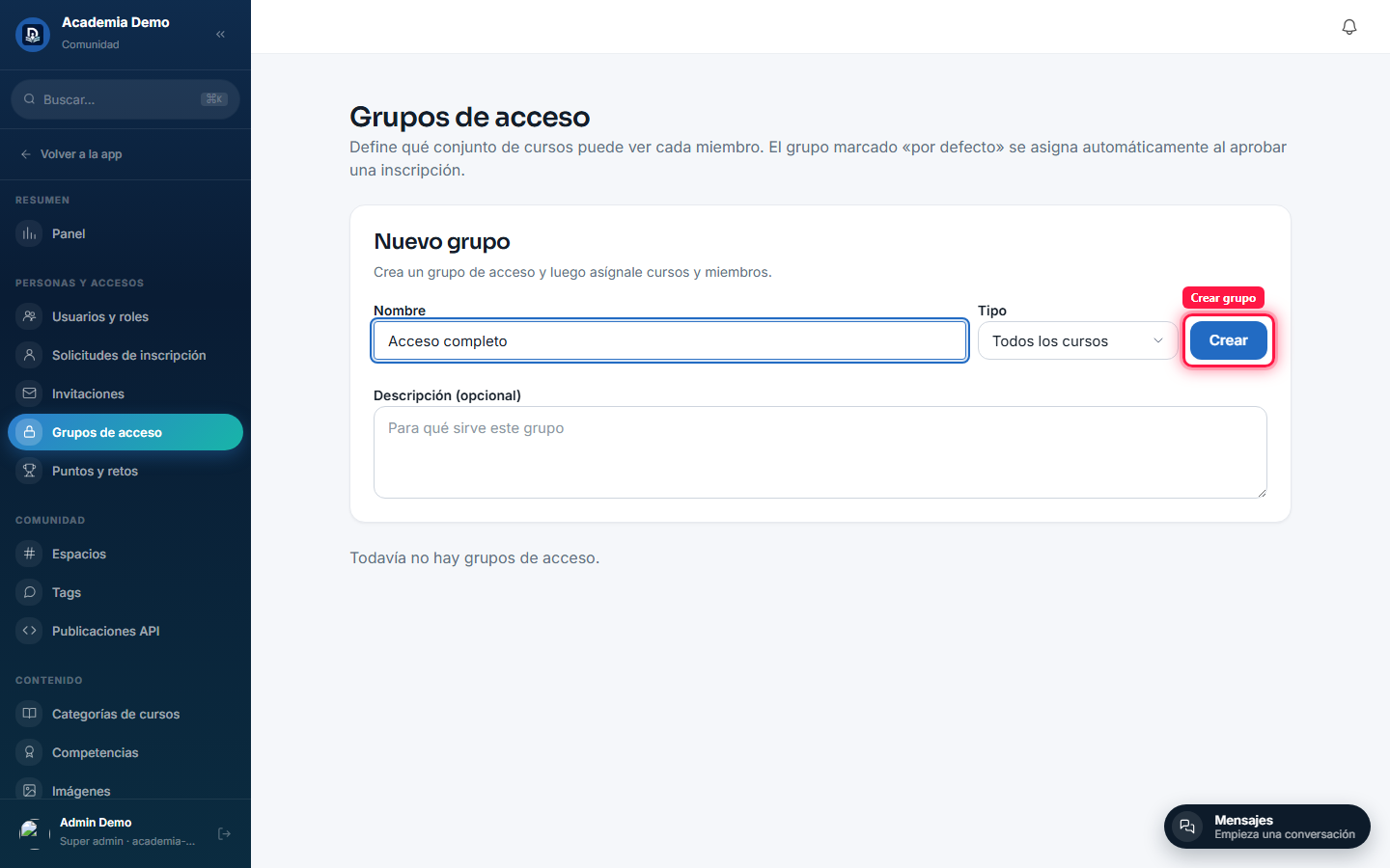 Alta del grupo de acceso "Acceso completo" (todos los cursos)