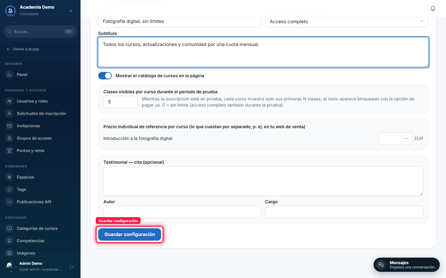 Configuración de la página pública /unete