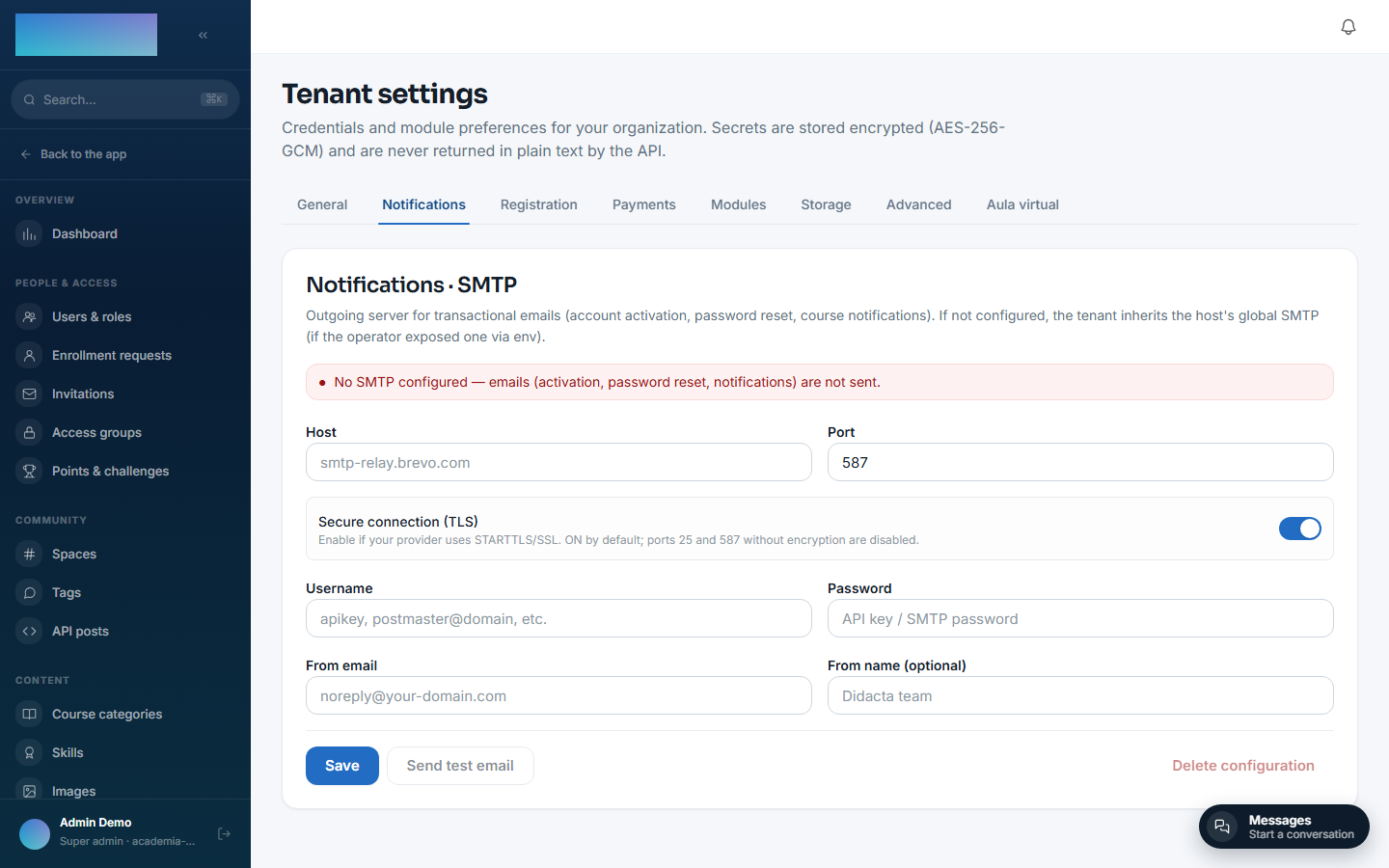 Empty Notifications tab, with no SMTP configured