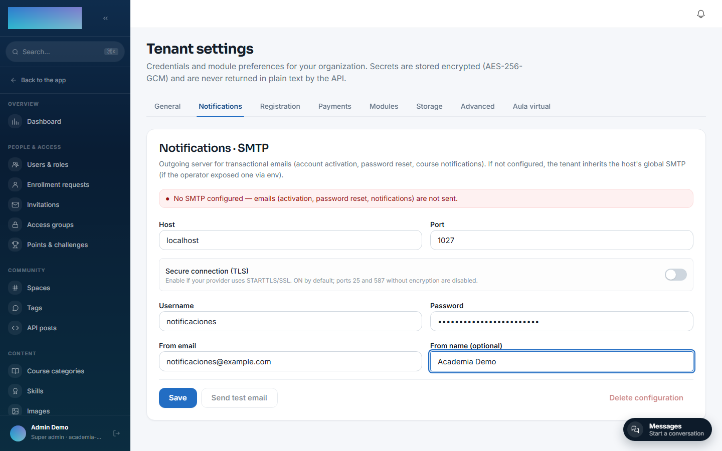 SMTP form filled in, TLS disabled for an unencrypted server