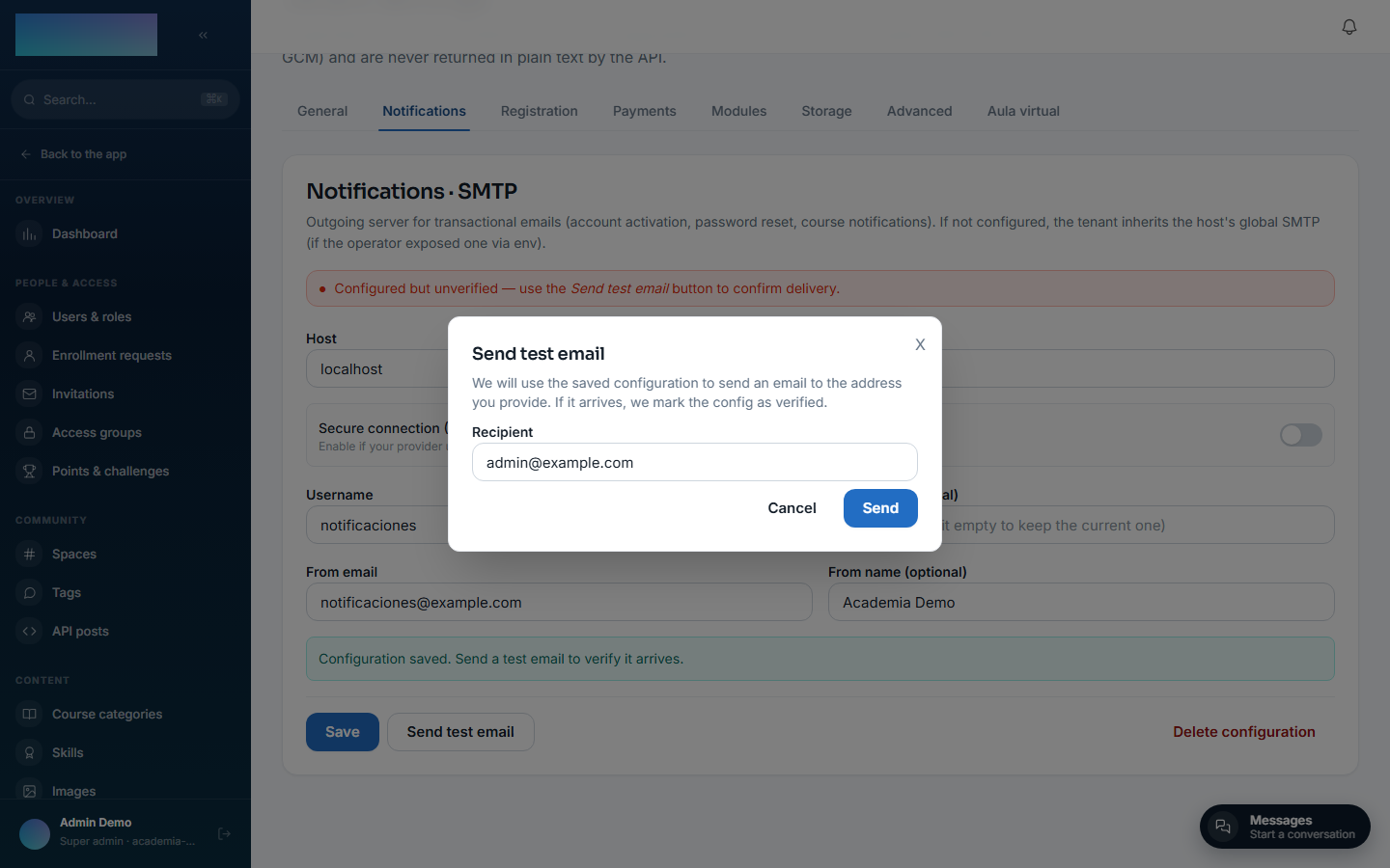 Test send dialog with the recipient pre-filled