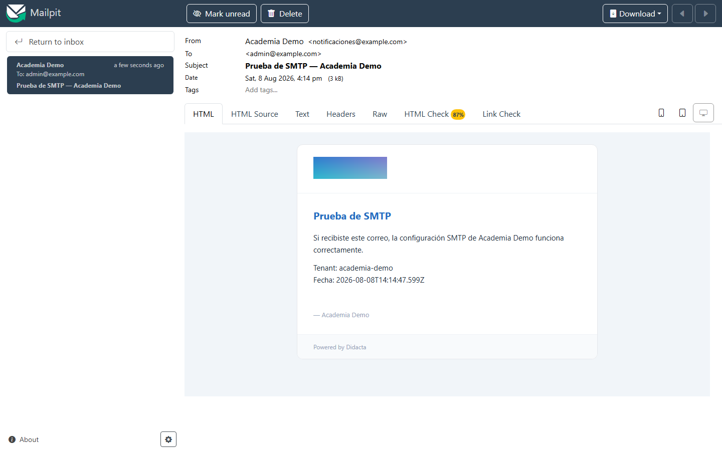 The test email, for real, in the Mailpit inbox
