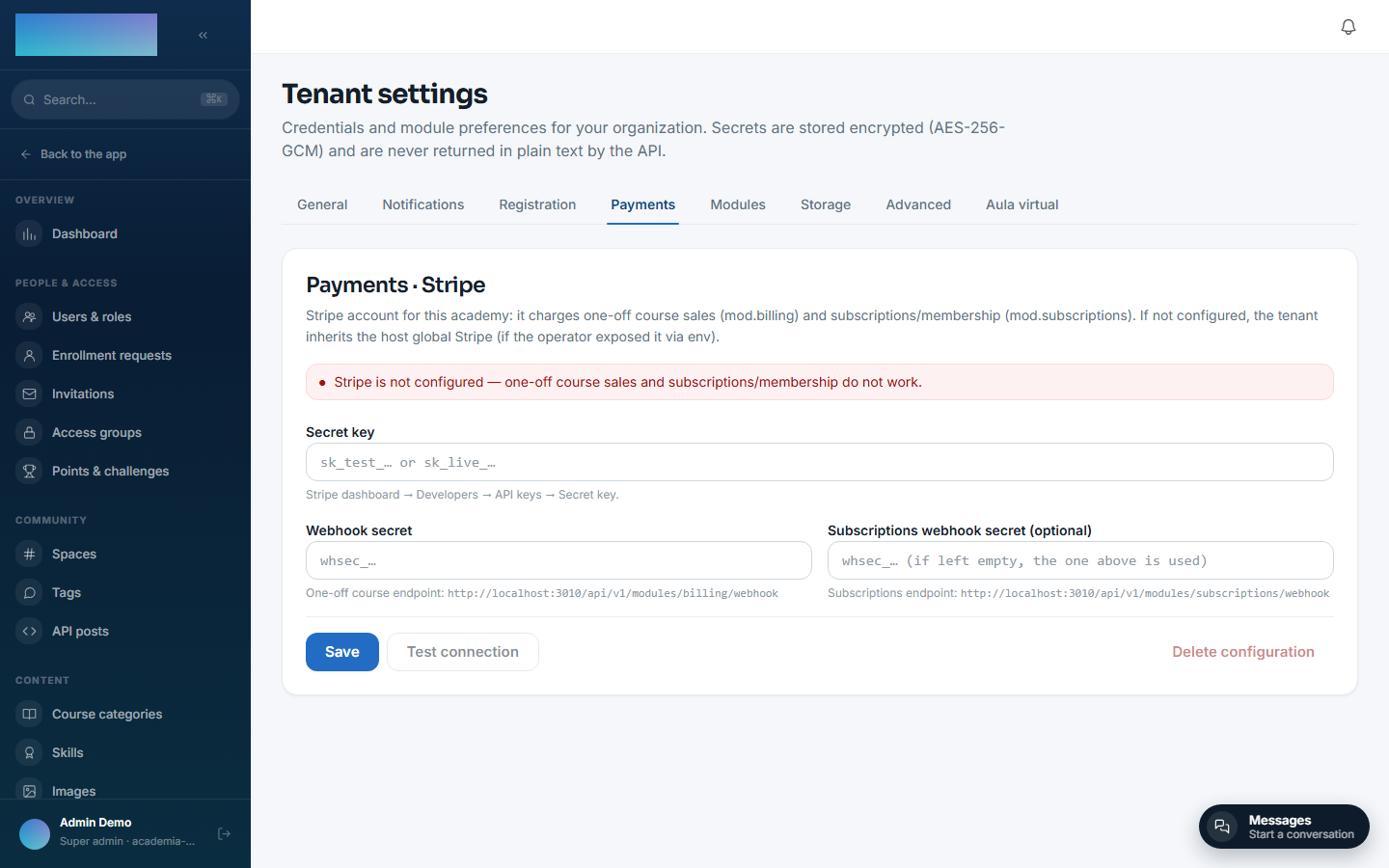 Empty Payments tab, with no Stripe configured