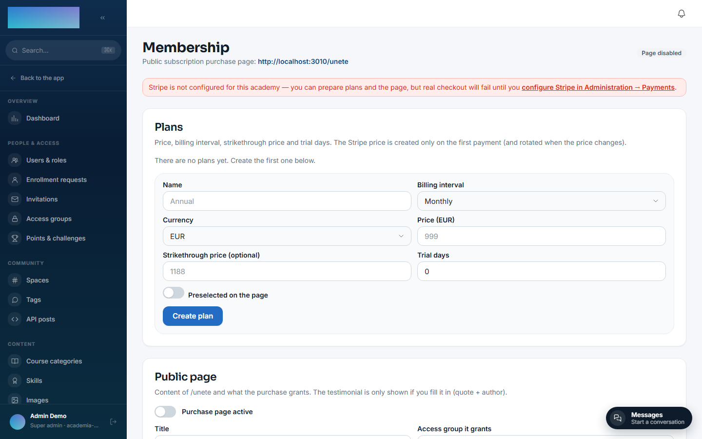 Stripe-not-configured notice on /admin/membresia
