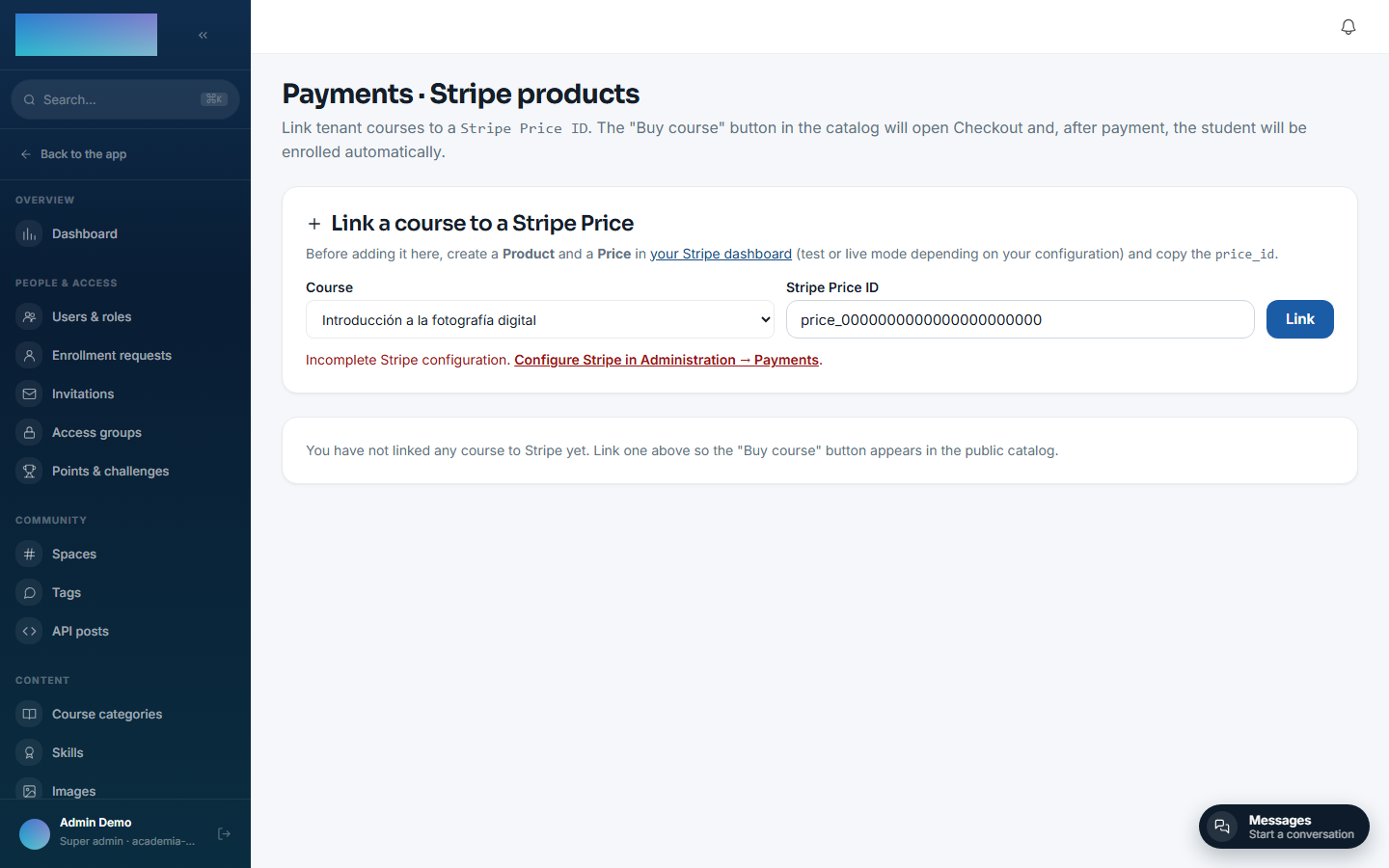Error with a link to Administration → Settings → Payments when linking a course with no Stripe configured
