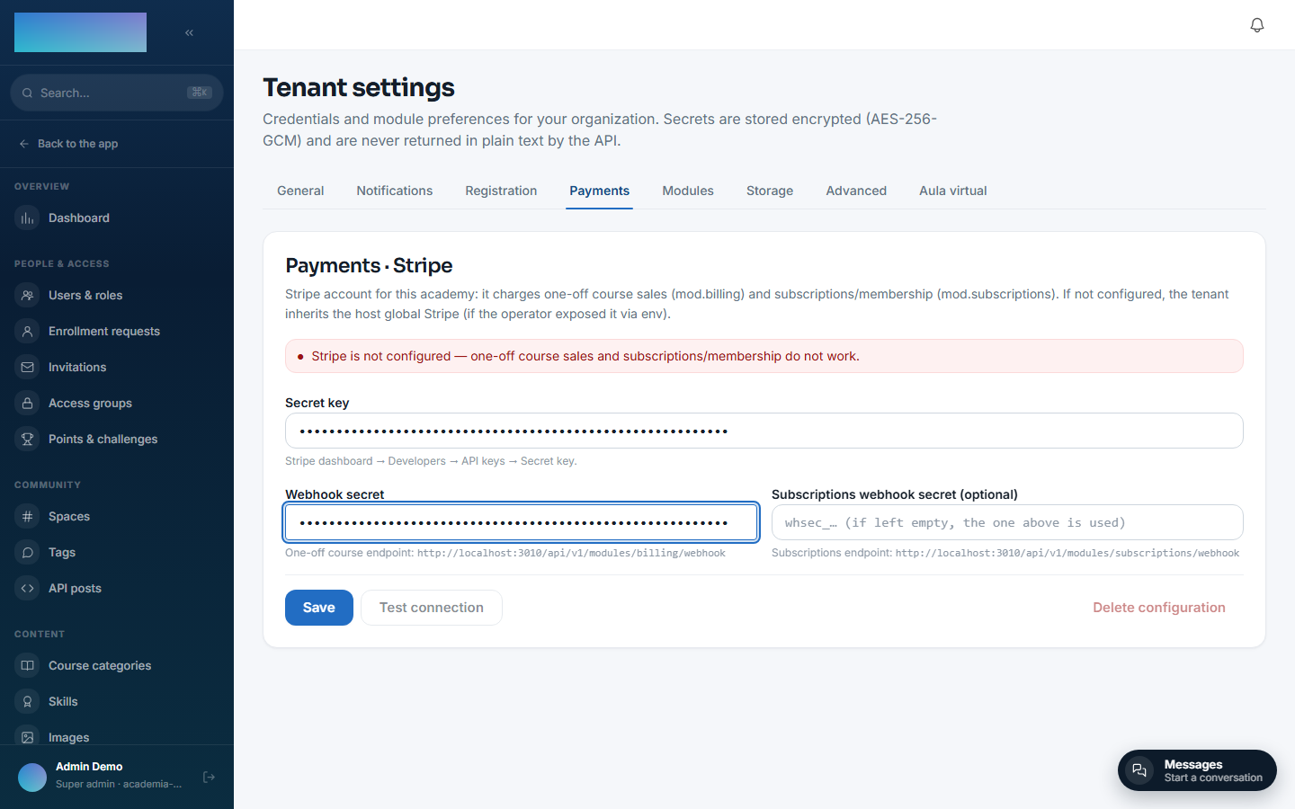 Payments form with test credentials, before saving