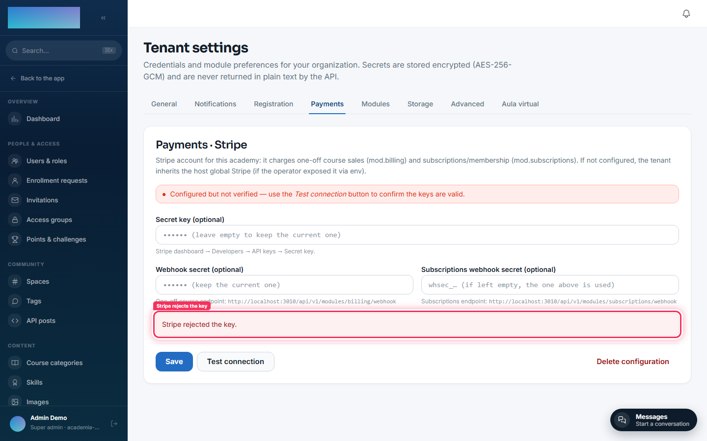 Stripe rejects a made-up key with its own error message
