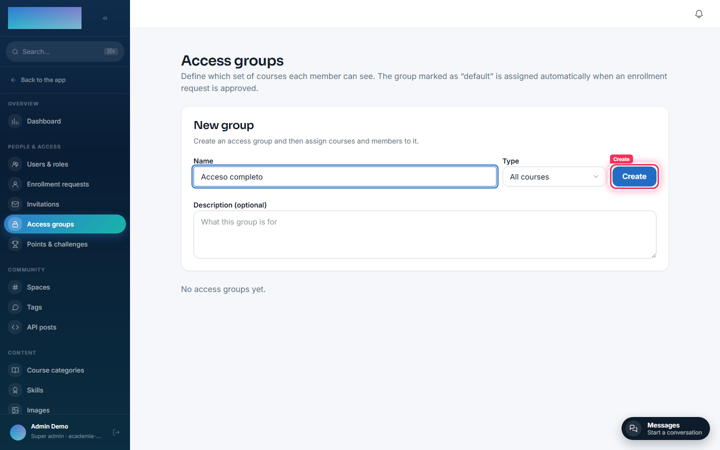 Creating the "Acceso completo" access group (all courses)