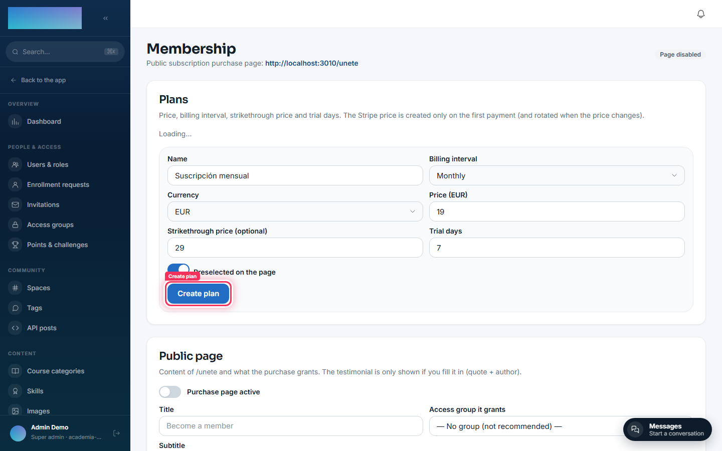 Creating a monthly plan: €19 (was €29), 7-day trial