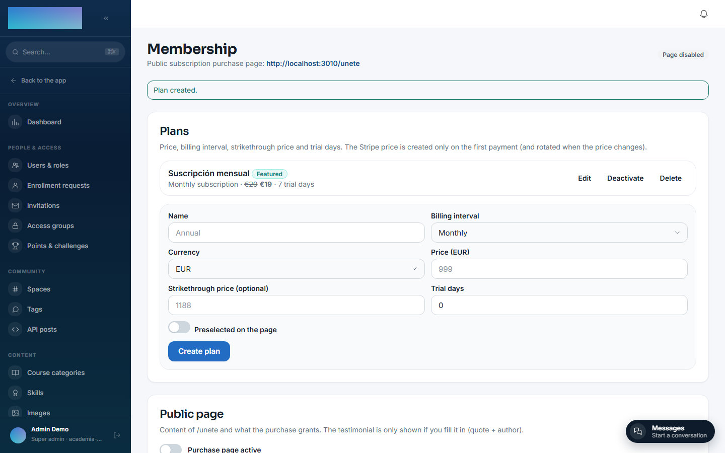 The plan created and listed