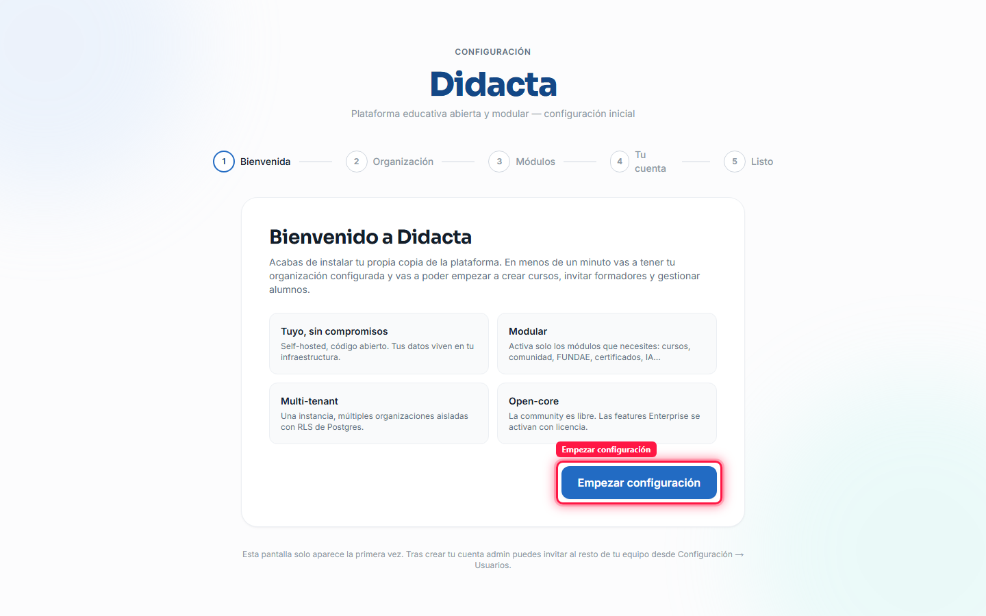 Pantalla de bienvenida del asistente de configuración