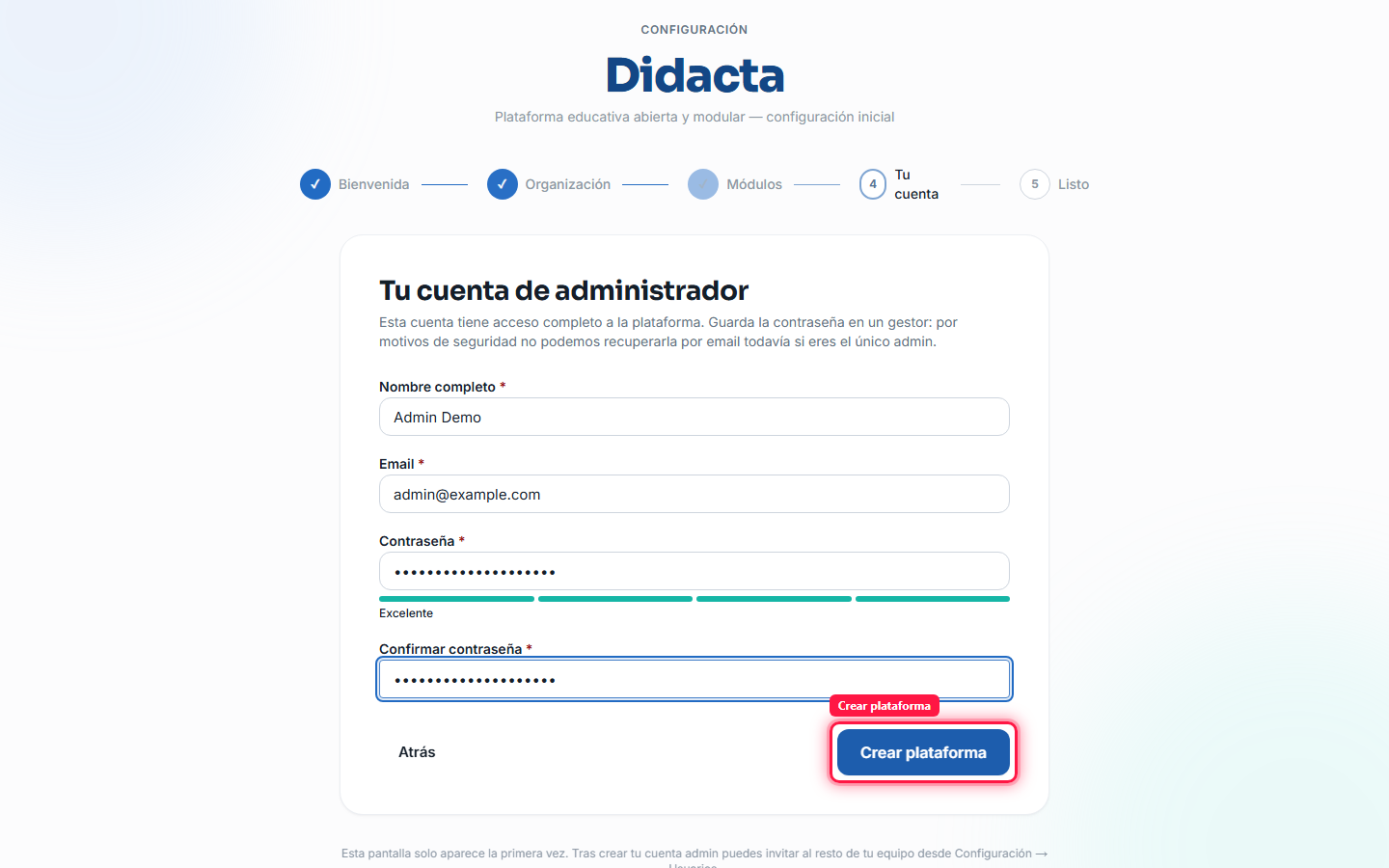 Paso de cuenta de administrador: nombre, email y contraseña