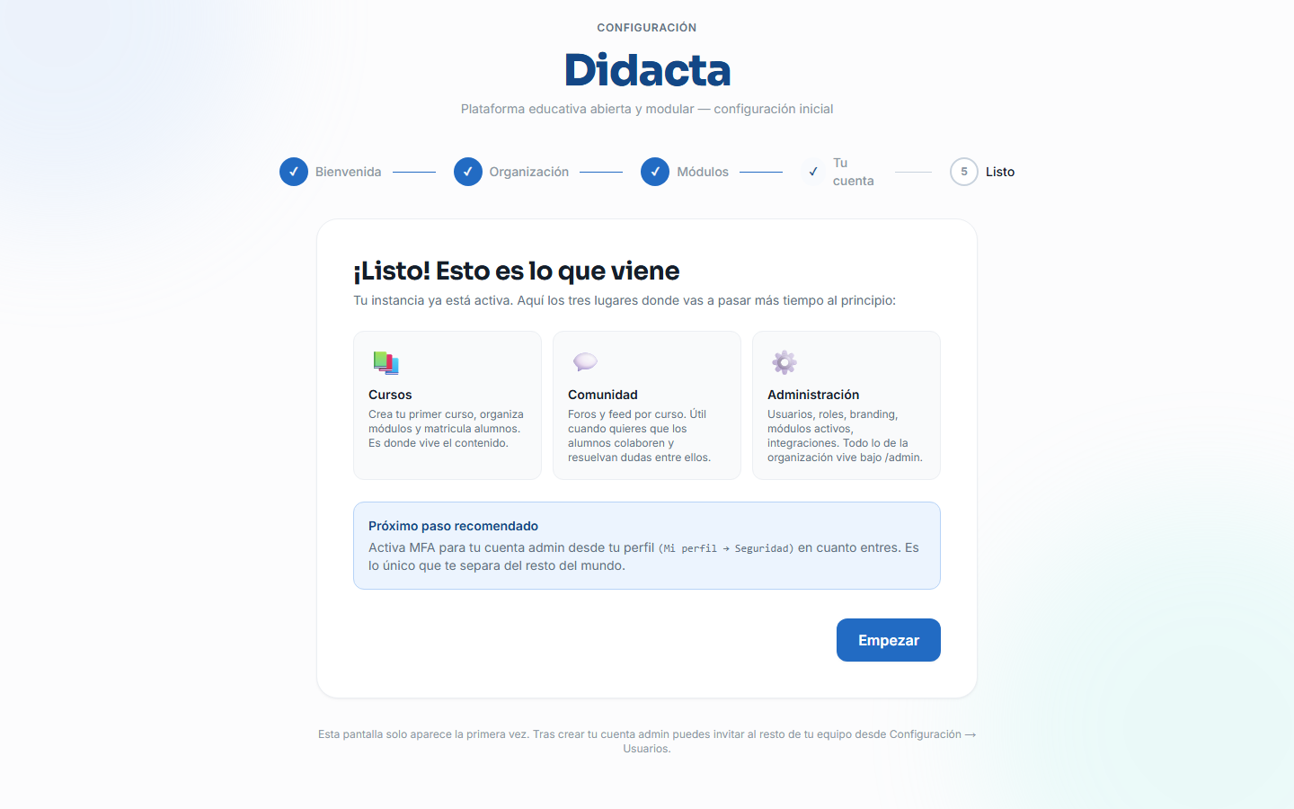 Pantalla final del asistente: plataforma creada