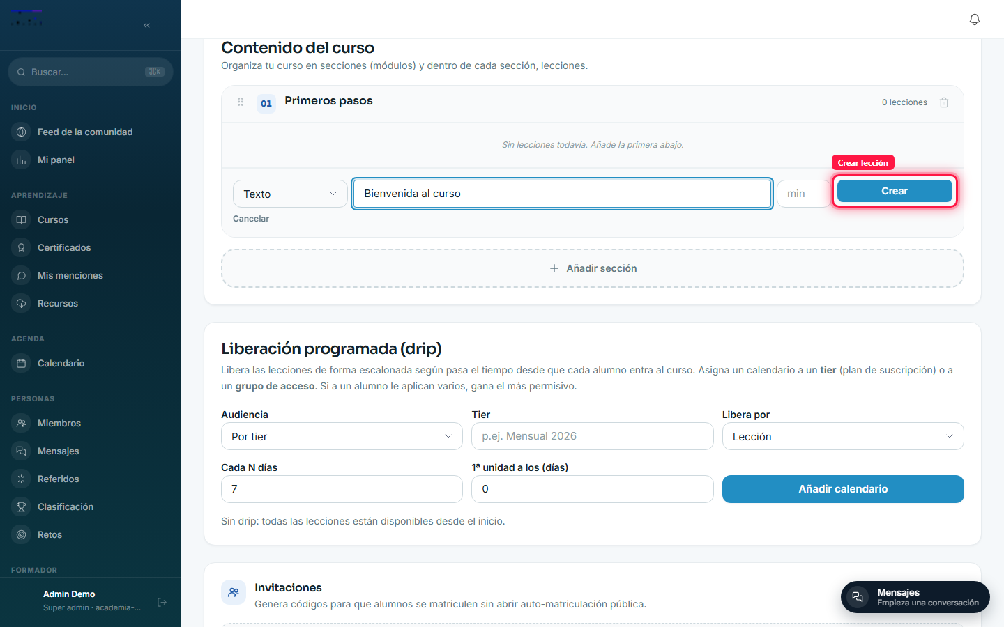 Constructor de cursos: alta de una lección de texto
