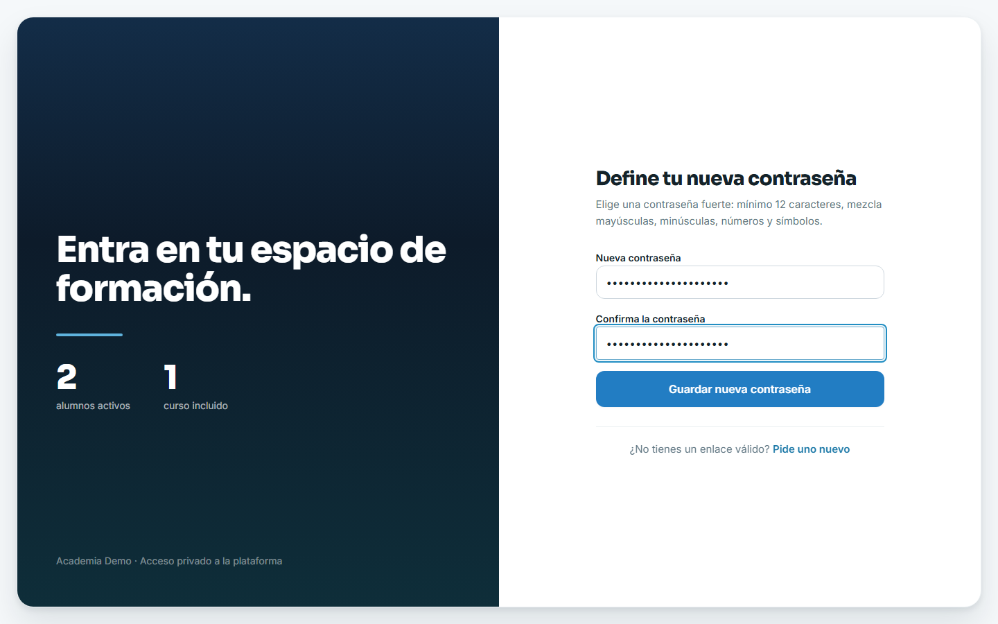 La alumna define su contraseña desde el enlace del email