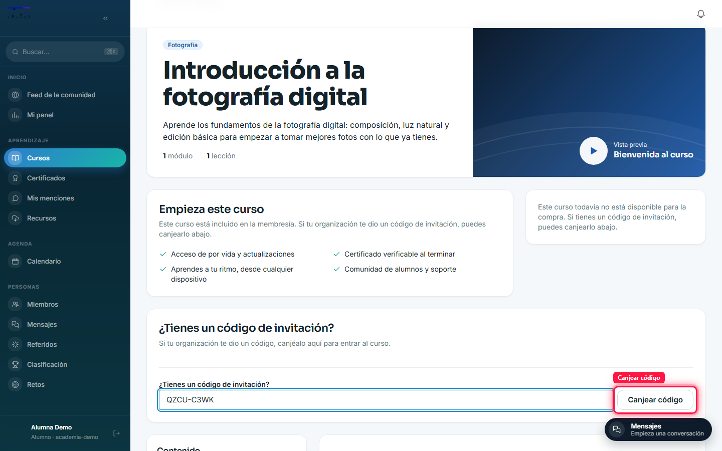 Canje del código de invitación en la ficha del curso
