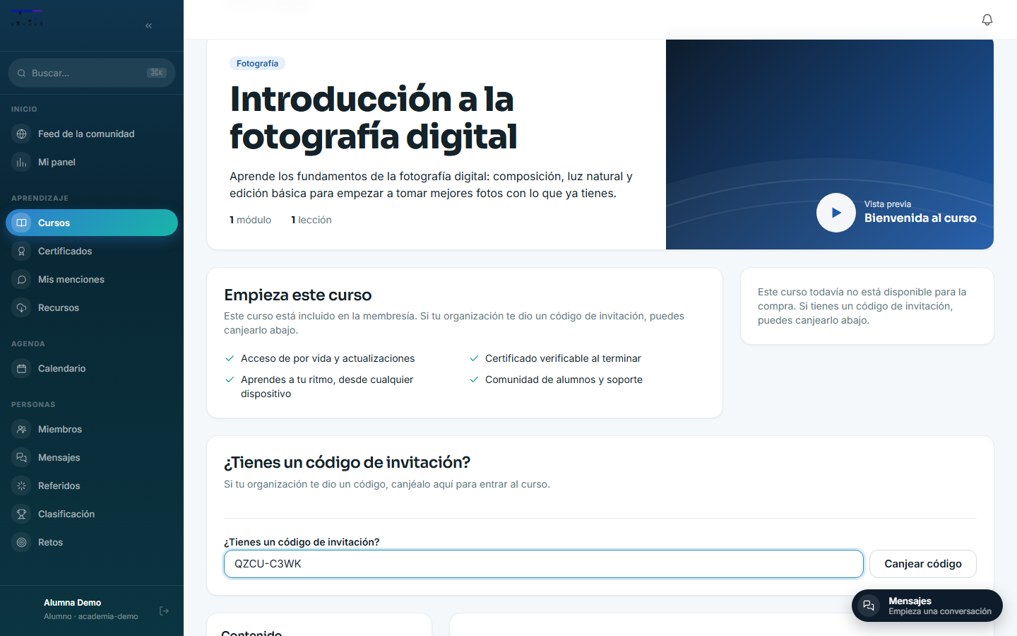 Alumna matriculada: panel de progreso