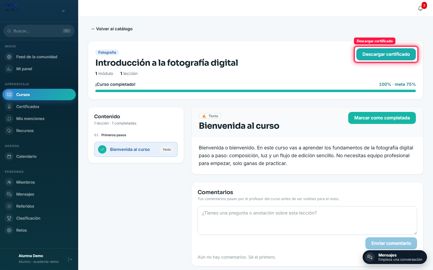 Curso completado: certificado listo para descargar