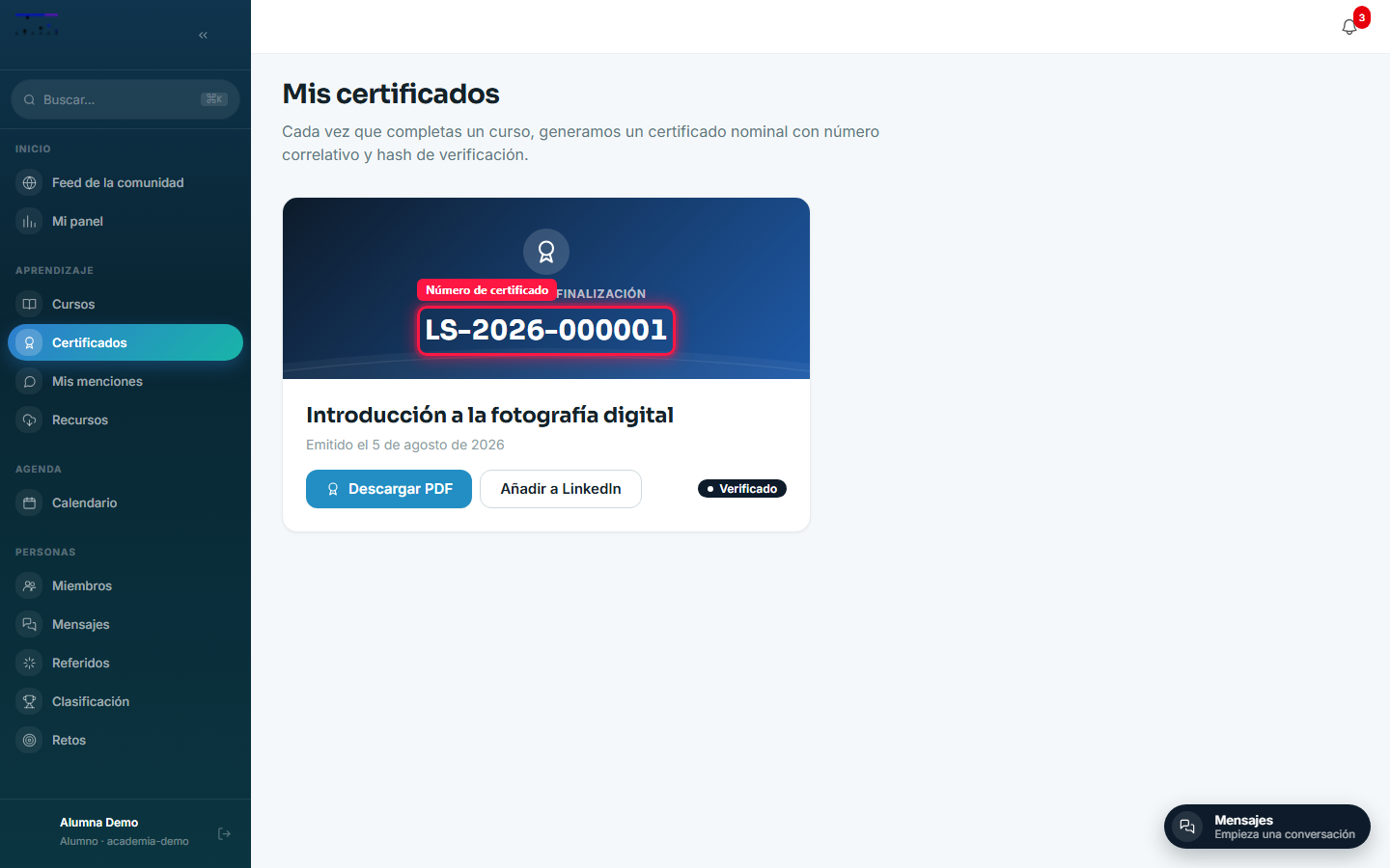 /mis-certificados con el certificado emitido