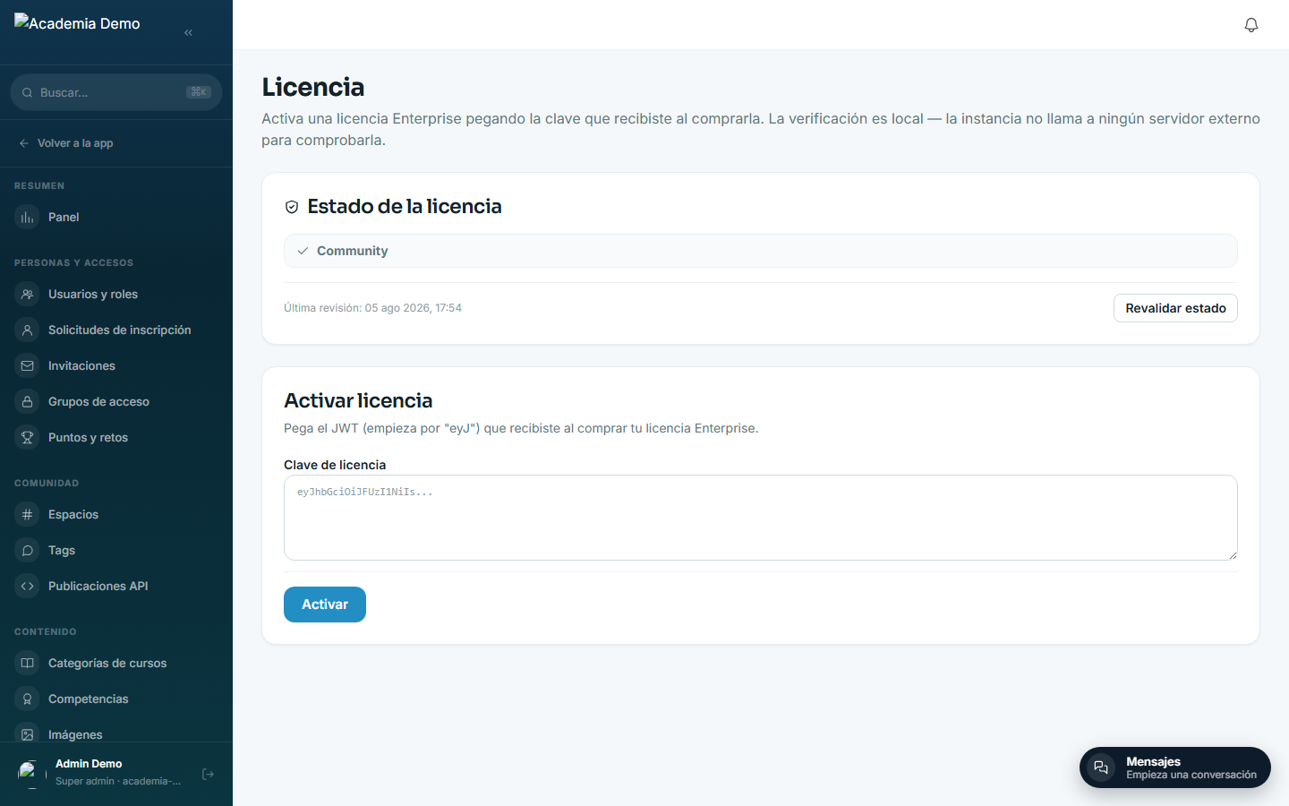 Admin → Licencia: estado Community, sin licencia Enterprise activa
