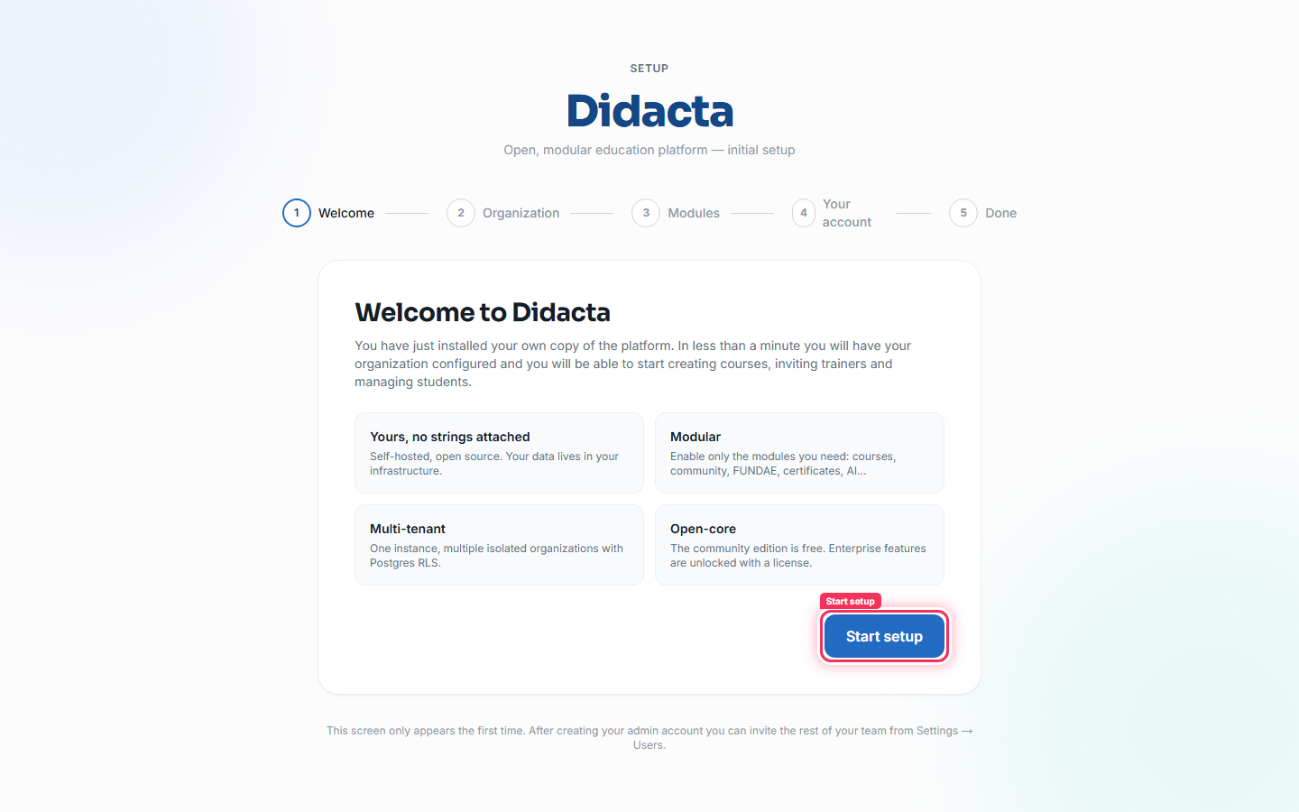 Setup wizard welcome screen